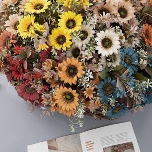 Fleurs décoratives Bouquet de tournesols artificiels à 6 têtes Décoration de maison de mariage Plantes vertes