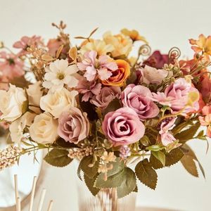 Fleurs décoratives 6 têtes Silk Roses artificielles Mariage Décor de maison Décoration d'automne de haute qualité Big Bouquet Fake Flower Arrangement