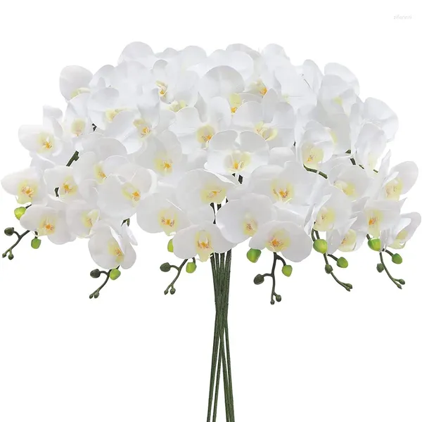 Flores decorativas 6 PCS Orquídea artificial Látex de tacto real Blanco grande 37 pulgadas 9 Flor de Phalaenopsis falsa Decoración de la boda del hogar