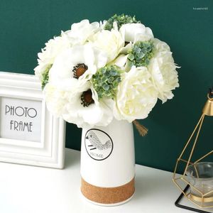 Fleurs décoratives 6 pièces belle pivoine pavot artificielle soie blanc bouquet vase pour la fête à la maison automne mariage bricolage décoration faux