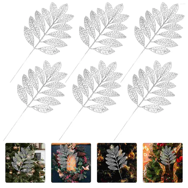 Flores decorativas 6 piezas Glitter Rose Leaf Decoración de Navidad Festival Guirnalda de Navidad Hojas Fiesta de imitación Plantas falsas