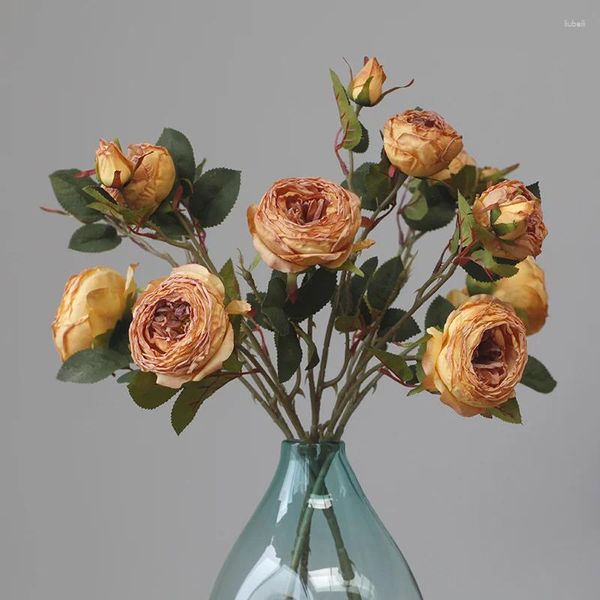 Fleurs décoratives 60cm Simulation Vintage automne Rose fleur 3 têtes flétries artificielle sèche Arrangement de mariage décor à la maison
