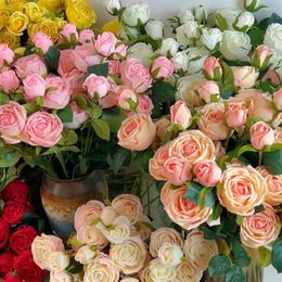 Fleurs décoratives 63 cm artificielle Vintage Rose 3 tête haute qualité soie fausse fleur pour bricolage maison jardin mariage décor