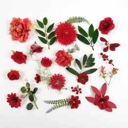 Fleurs décoratives 64pcs Red Artificial Silk Flower Head Feuille verte Feuille de feuilles pour bricolage Bouquets Bouquets Floral Arrangement décor