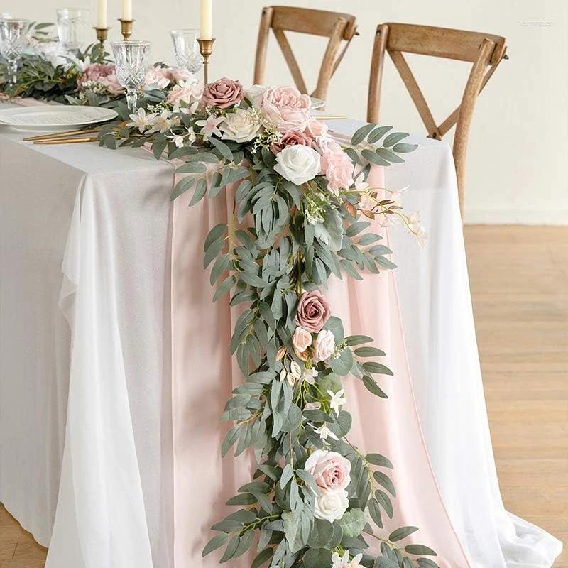 Decorative Flowers 6FT/1.8M Artificial Wedding Eucalyptus Garland With Rose Flower Rustic Floral Table Centerpieces Boho Arch Decor