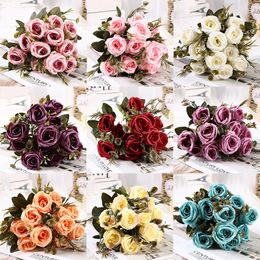 Decoratieve bloemen 6head 35 cm kunstmatige roos zijden bruids boeketten voor trouwtafel huis feestdecoraties diy benodigdheden