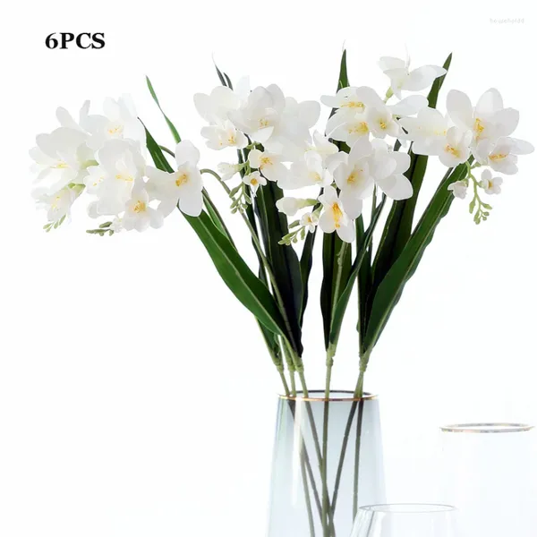 Flores decorativas 6 piezas de rama larga Feele Cymbidium Artificial para la decoración de la boda Toque real Falsa sala de estar de la sala de estar florales