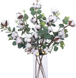 Fleurs décoratives 6 pièces 23.5 "tiges de coton 4 têtes avec des feuilles d'eucalyptus pour la décoration florale de Style ferme à la maison