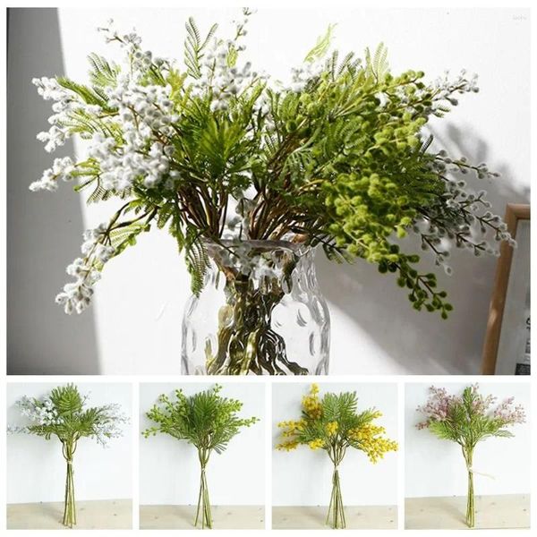 Fleurs décoratives 6 pièces artificielle Acacia jaune Mimosa peluche Pudica Spray cerise soie fausse fleur pour la décoration de la maison de mariage haricot rouge