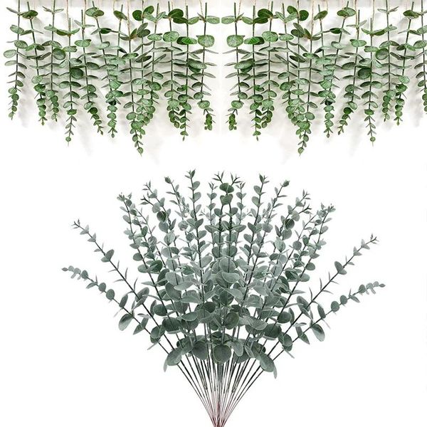 Fleurs décoratives 6pcs feuilles d'eucalyptus artificielles fausse plante branche verte pour Noël mariage fête d'anniversaire décoration de jardin à la maison