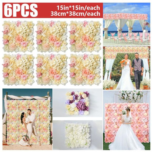 Flores decorativas 6PCS Panel de pared artificial Fondo de flores 3D Decoración de rosas falsas Boda Ducha nupcial al aire libre