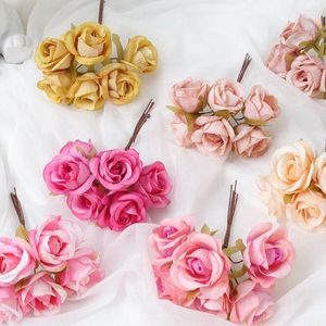 Fleurs décoratives 6pcs mariage artificiel mini bouquet de bouquet scrapbooking pour les chambres à la maison décor bricolage accessoires de vacances rose en soie rose
