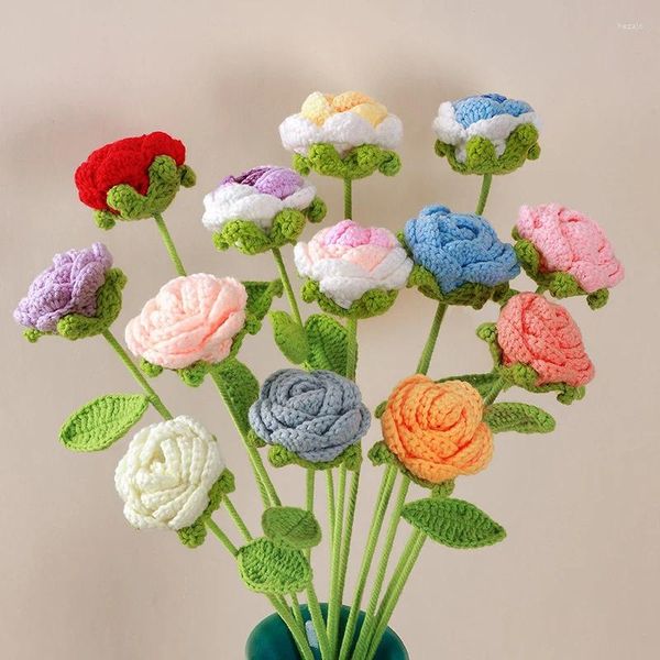 Bouquet de fleurs décoratives en tricot, 6 pièces/sac, bricolage, fleurs de roses tricotées à la main, faux tricot, cadeaux de Table pour la maison, Bouquets floraux au Crochet