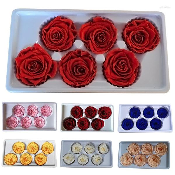 Fleurs décoratives 6PCS / Box Haute Qualité Préservé Rose Fleur 5-6CM Vie Éternelle DIY Cadeau Fête Des Mères Saint Valentin Fête De Mariage