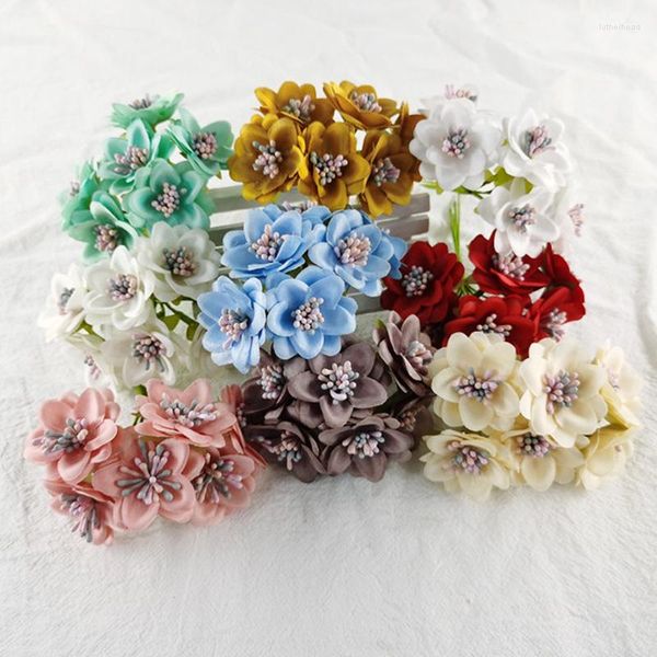 Fleurs décoratives 6pcs / bouquet Mini Rose Bouquet Soie Artificielle Maison De Mariage Faux Plantes Decoeations DIY Guirlande Cadeau Artisanat Matériaux