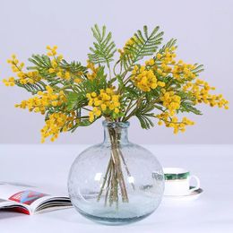 Fleurs décoratives 6 pièces / bouquet jaune fleur de haricot d'acacia artificielle Mimosa en peluche Pudica Spray cerise soie fausse pour la décoration de mariage à la maison