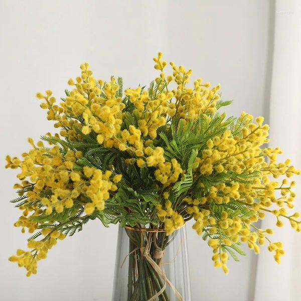 Fleurs décoratives 6 pièces/paquet fleur artificielle jaune Acacia Mimosa peluche Pudica Spray cerise fruits soie faux pour la décoration de mariage à la maison