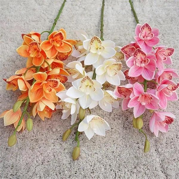 Flores decorativas 6 piezas de Cymbidium de látex de tallo único falso (12 cabezas / pieza) Orquídea de tacto real de simulación de 30 longitudes para centro de mesa de boda