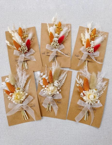 Flores decorativas 6 piezas hechas a mano mini ramo de flores secas tarjetas de felicitación reales para arreglos de boda para el día de la madre caja de regalo DIY decoración de pasteles