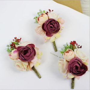 Fleurs décoratives 6 pièces/lot bricolage vin artificiel rouge Rose Corsage marié boutonnière broche femmes fleur mariée couronnes de fête de mariage