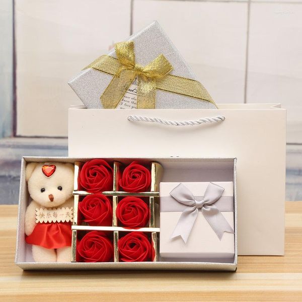 Flores decorativas 6 uds oso rosa romántico con caja de regalo cabezas de flores de jabón pétalos de baño artificiales para la boda del Día de San Valentín