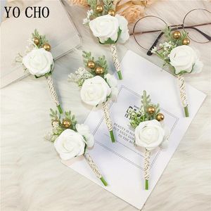 Decoratieve bloemen 6 stks witte bruiloft corsage broche pin kunstmatige schuim rozen bruidegom boutonniere buttonhole herenpak huwelijk accessoires