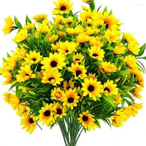 Fleurs décoratives 7 Bundles Tournesols Artificiels Faux Marguerite Soie Avec Tiges Faux Verdure Arbustes Plantes Pour L'extérieur Maison Intérieur Décor