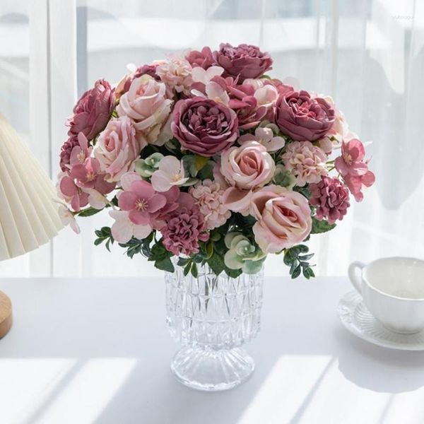 Fleurs décoratives 7 fourchettes en soie pivoine rose hortensia fleur artificielle pour mariage arc de jardin décoration de couronne de Noël arrangement floral