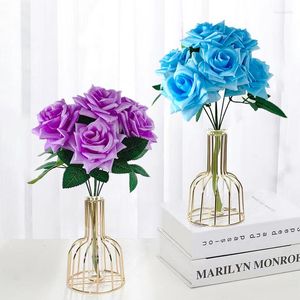 Decoratieve bloemen 7 koppen kunstmatige zijden rozen bloemboeket bruiloft bruid goud zilver roze hoofd huis arrangement decor