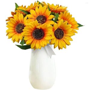 Fleurs décoratives 7 têtes Têtes artificielles de tournesol de fleur de soie bouquet simulation de faux soleil