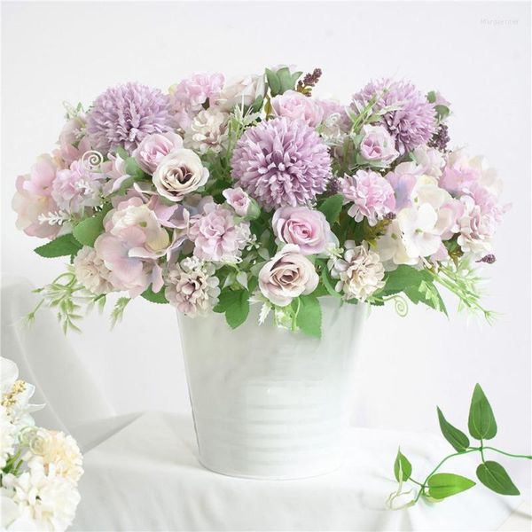 Fleurs décoratives 7 têtes hortensia Bouquet artificiel soie floraison fausse Rose main fleur mariage décor goutte