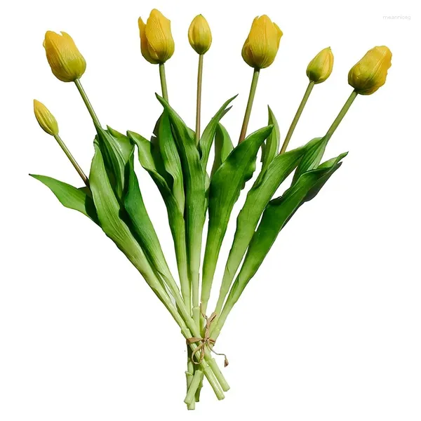 Fleurs décoratives 7 pièces tulipe en plastique artificielle soie 17 pouces pour la décoration de mariage à la maison de fête (jaune)