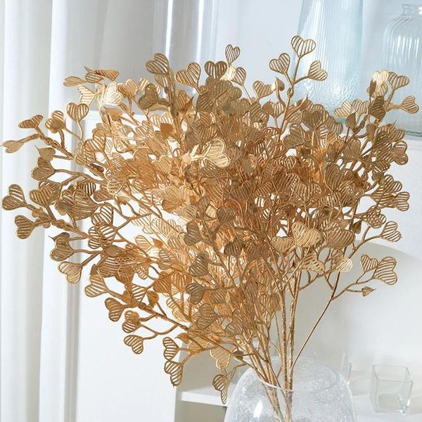 Flores decorativas 70 cm Color dorado Rama en forma de corazón Arreglo de bricolaje Ramo para hacer habitación Decoración de fiesta de aniversario de boda Planta falsa