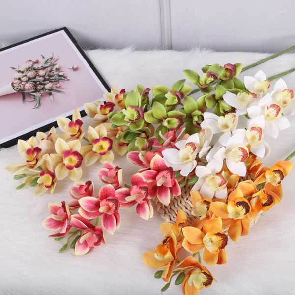 Fleurs décoratives 73cm, 10 têtes, grande branche de Cymbidium artificielle en soie, fausse décoration de mariage pour la maison, Arrangement tactile réel