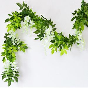 Flores decorativas 7ft 2m Cadena de flores Artificial Wisteria Vine Guirnalda Plantas Follaje Exterior Hogar Trailing Fake Hanging Wall Decor