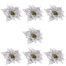Fleurs décoratives 7 pièces, pics artificiels de Poinsettia à paillettes de noël pour couronne d'ornement d'arbre (argent)