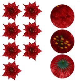 Fleurs décoratives 7 pièces, ornements de fleurs artificielles à paillettes pour arbre de noël, guirlande de couronne (rouge)