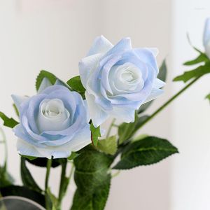 Fleurs décoratives 7 pièces/lot décor artificiel bleu Rose soie Floral Latex vraie touche Bouquet de mariage bricolage conception de fête à la maison