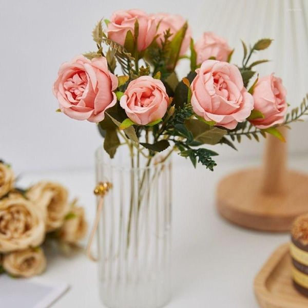 Fleurs décoratives 8 têtes Vintage décorations d'automne artificielles pour la maison soies pivoine verte Rose fausse fleur automne fête de mariage bricolage Bouquet