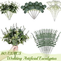 Fleurs décoratives 80/120pcs 4 types Eucalyptus mixte Feuilles tiges de verdure artificielle bouquets de bricolage floral pour arrangement de mariage à la maison