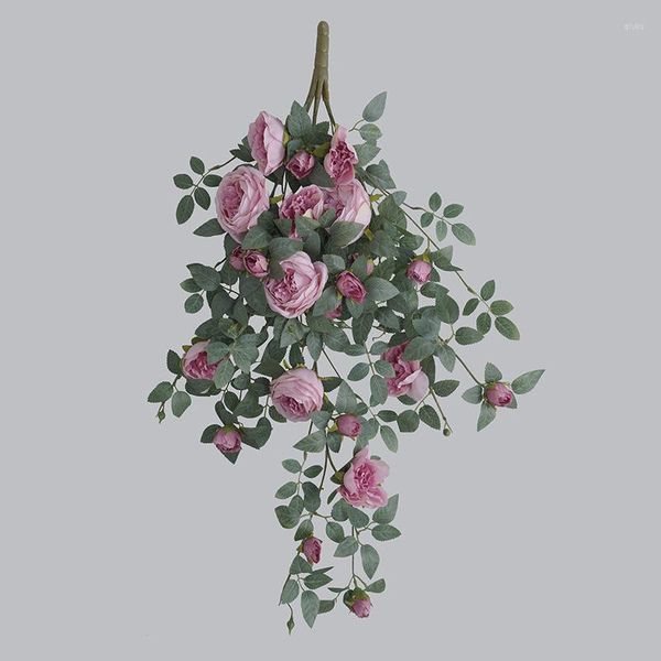 Flores decorativas 80 cm Flor de simulación Rose Vine Bunch Green Leaf Wall Hanging Austin Roses Rattan Planta artificial