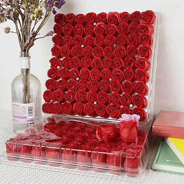 Fleurs décoratives 81 pièces / étui fleur de savon réaliste romantique pétales multicouches couleur vive boîte-cadeau de rose parfumée artificielle pour le mariage