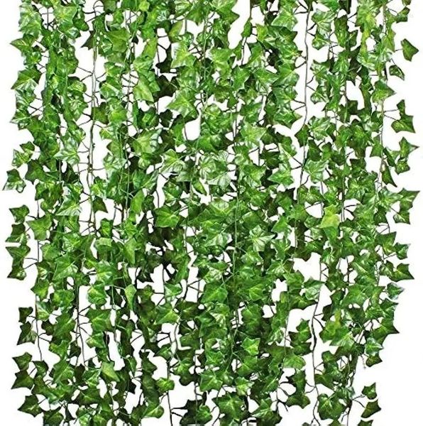 Flores decorativas 84 pies 12 hebras plantas de hojas de hiedra artificiales vid guirnalda colgante follaje falso hogar cocina jardín boda decoración de la pared