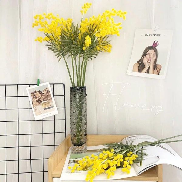 Fleurs décoratives 88 cm artificielle jaune Acacia Mimosa Spray cerise branche de fruit haricot rouge fausse plante décoration de mariage Vase pour la décoration intérieure