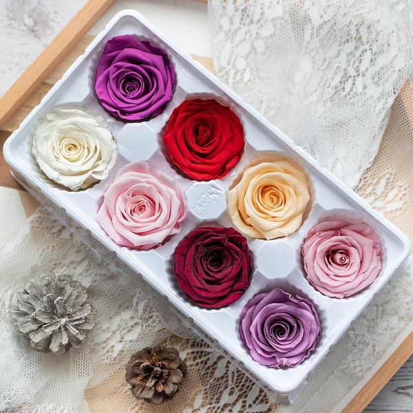 Flores decorativas 8 Unids/caja Cabezas de Flores de Rosas Frescas Preservadas 4-5 CM Rosas Secas para Oso de Peluche Hecho a Mano DIY Arreglo Eterno Regalo