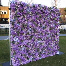 Flores decorativas 8x8ft Purple 5d Rose Flower Mall hecha con tela Arreglo de hortensias artificiales enrolladas para telón de boda