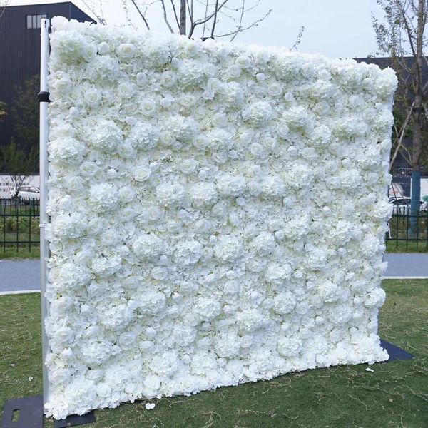 Fleurs décoratives 8 x 8ft blanc 3d Rose Flower Mur à base de tissu enroulé arrangement artificiel pour la décoration de fond de mariage