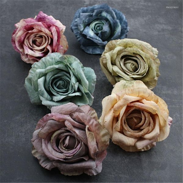 Flores decorativas 9-10 CM / 2 piezas de seda artificial Morandi Court Rose Heads Real Touch GRANDE DIY Wedding Party Decoración del hogar Sombrero Ramillete