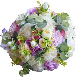 Fleurs décoratives 9.8 '' Rose violette rose artificielle Hortensia Peony Ranunculus Dahlia Cypress Bouquet Mariage Home Decoration (Dahlia)