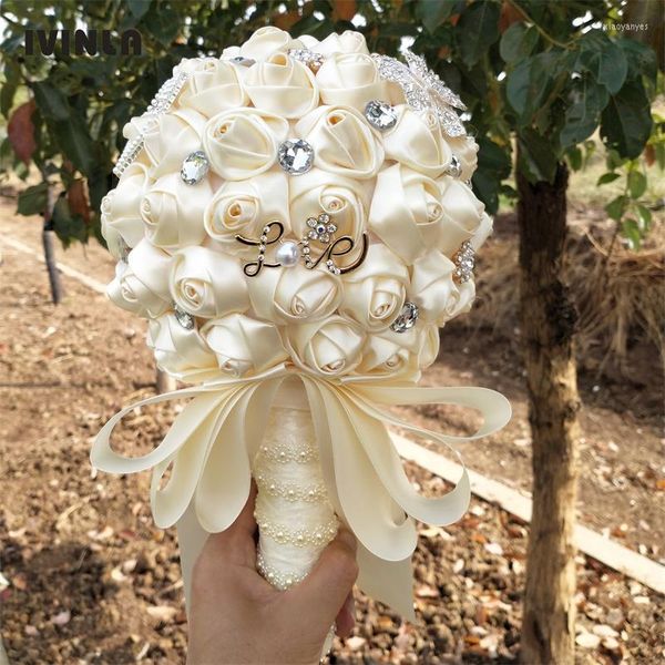 Fleurs décoratives 9 couleurs élégantes personnalisées ivoire mariée bouquets de mariage superbes perles perlées cristal broche point